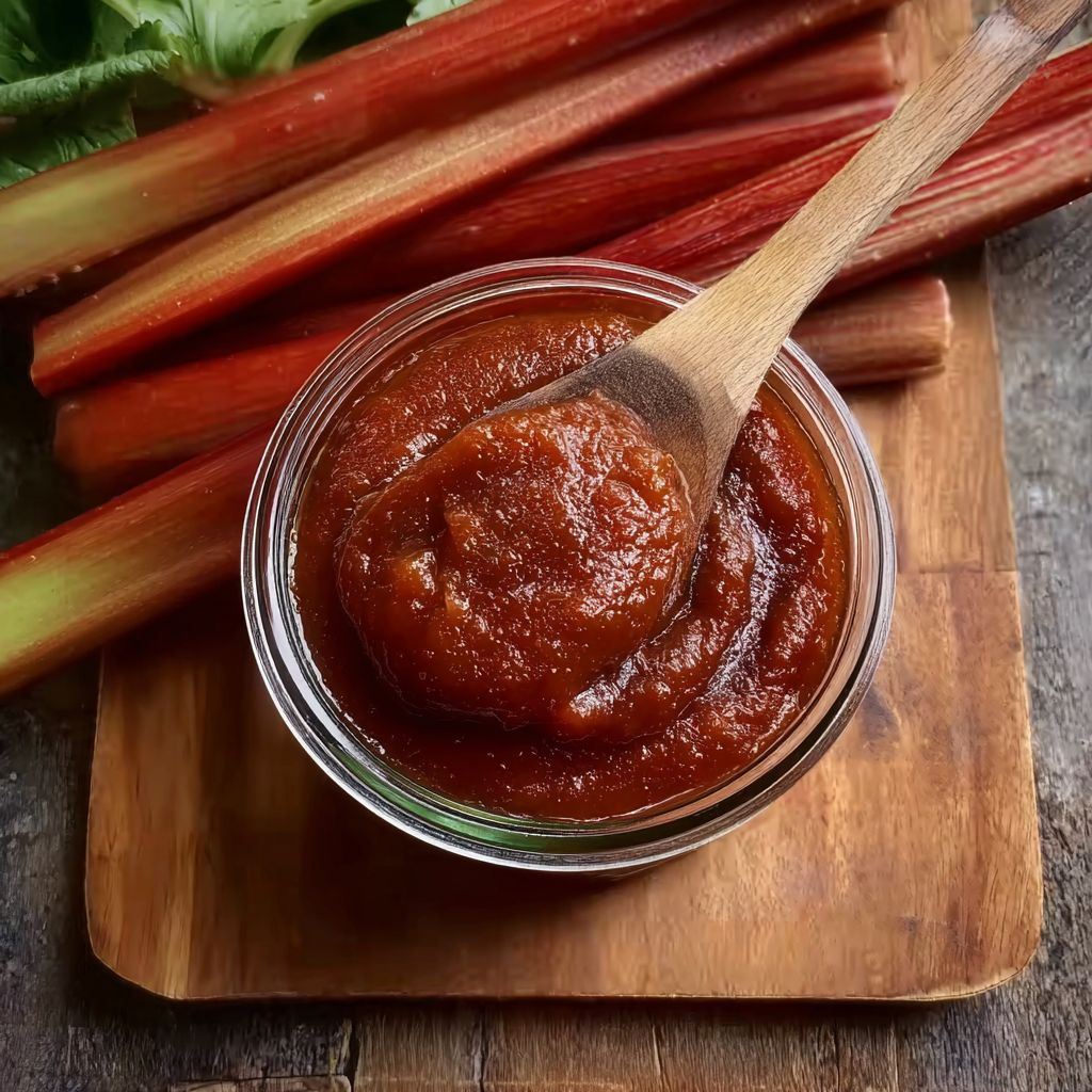 A jar of homemade rhubarb barbecue sauce is placed on a wooden cutting board.