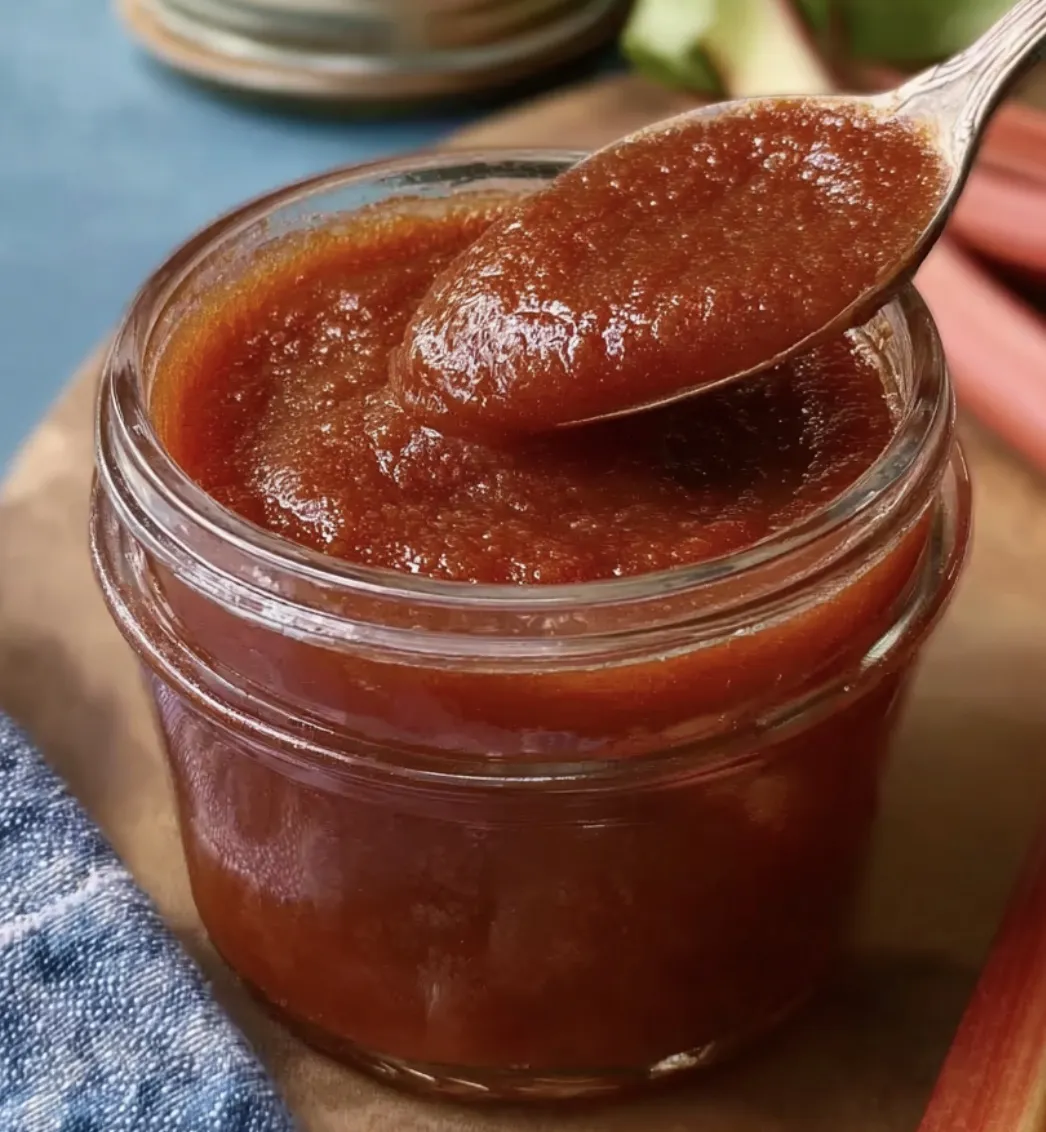 A jar of homemade rhubarb barbecue sauce is being scooped out with a spoon.