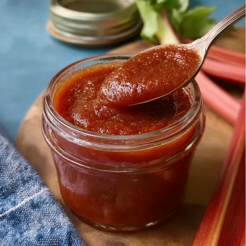 A jar of homemade rhubarb barbecue sauce being scooped out with a spoon.