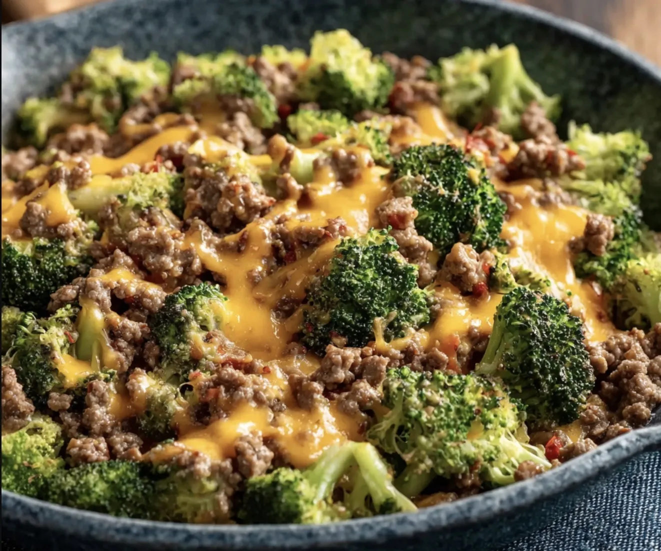A bowl of beef and broccoli, a popular Chinese dish, is served in a blue bowl.
