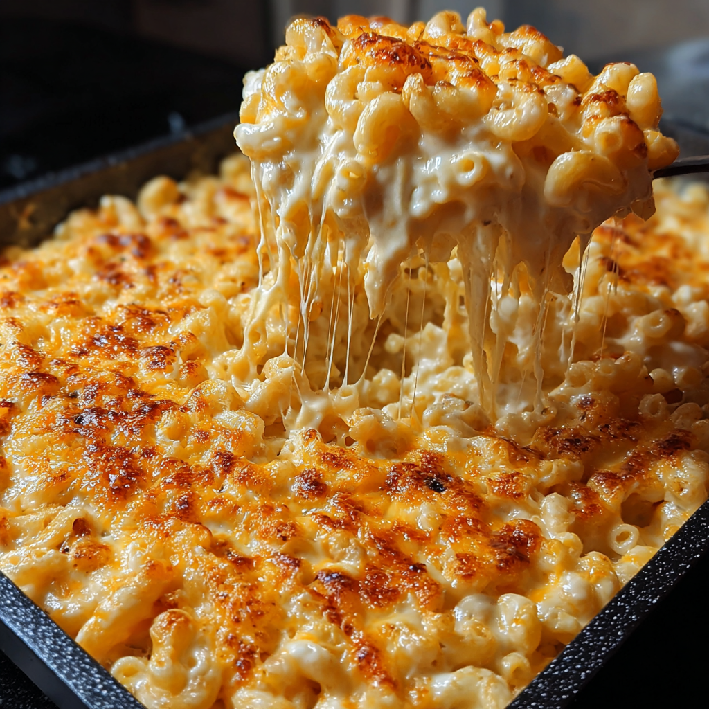 A delicious 5 cheese macaroni and cheese dish being served in a black tray.