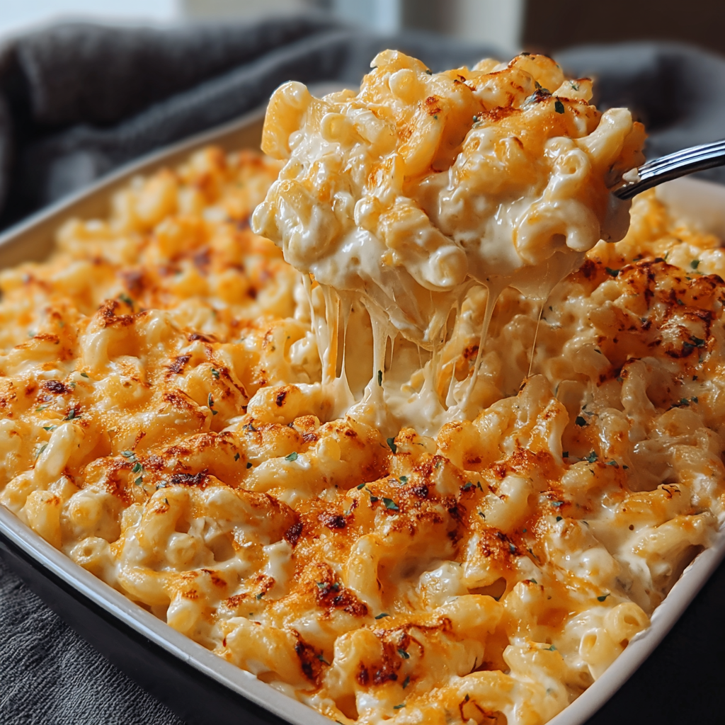 A close up of a delicious macaroni and cheese dish being served on a plate.