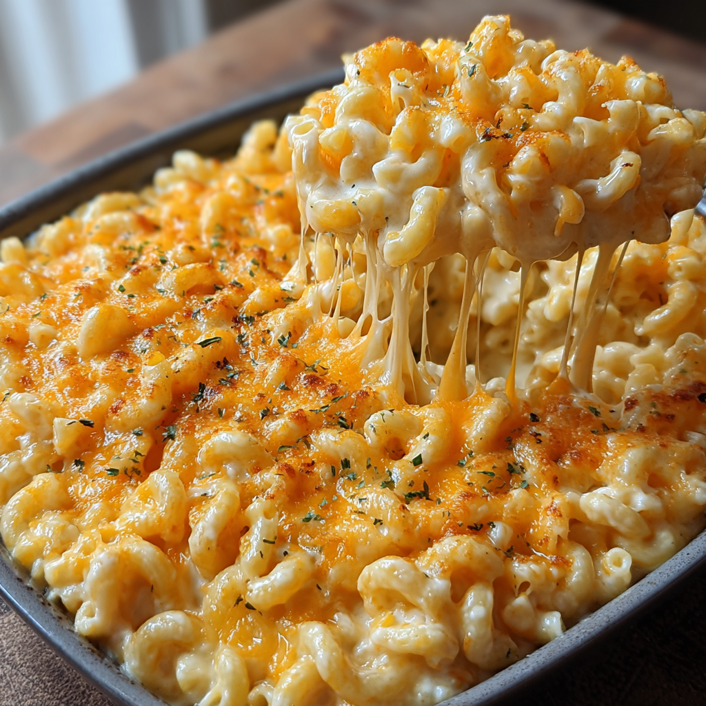 A bowl of macaroni and cheese with a spoon in it.