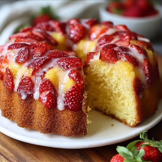 A slice of strawberry cake with a white plate underneath.