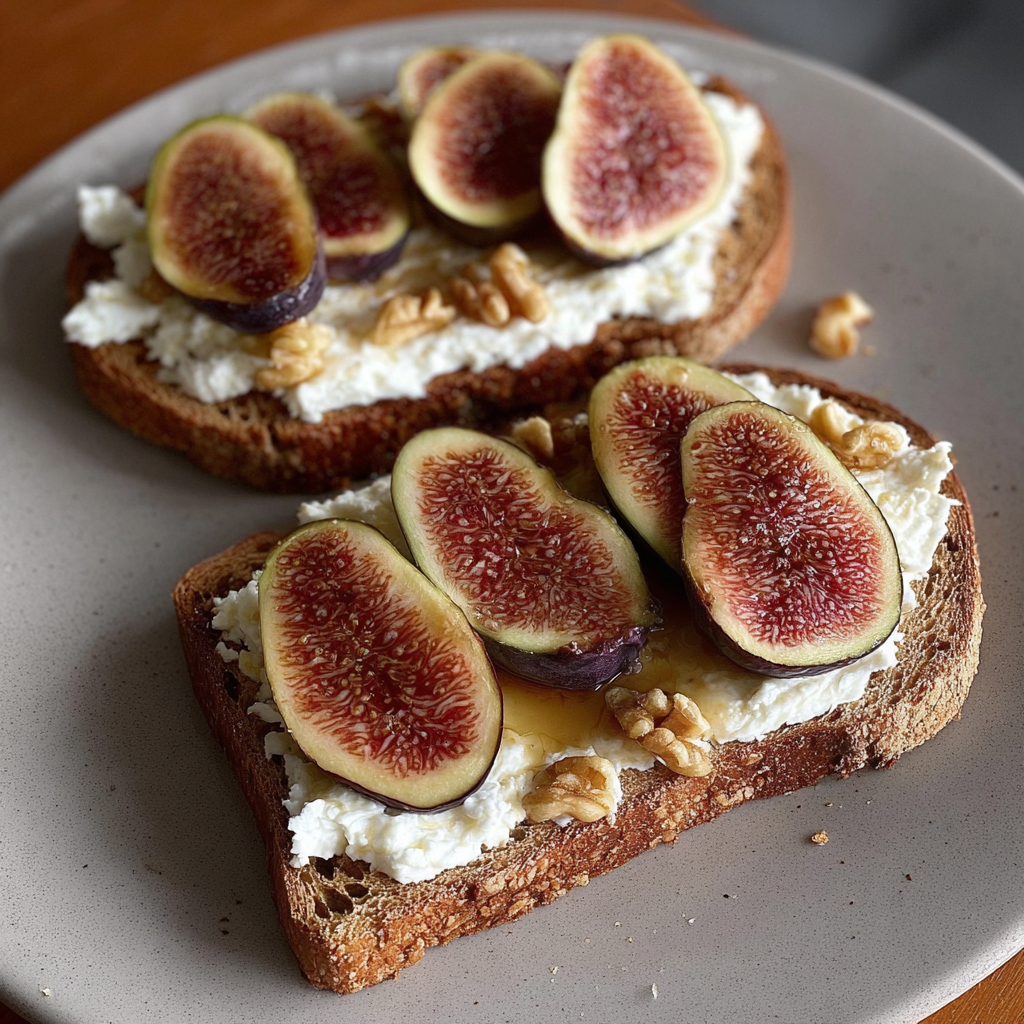 A slice of toast with figs and cottage cheese on top.