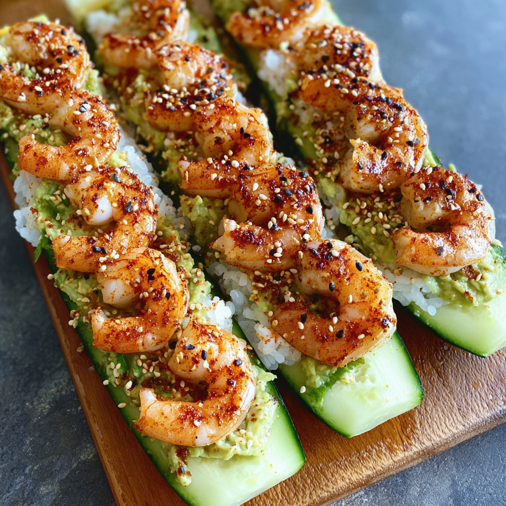 A delicious shrimp and avocado sushi roll with rice and sesame seeds.