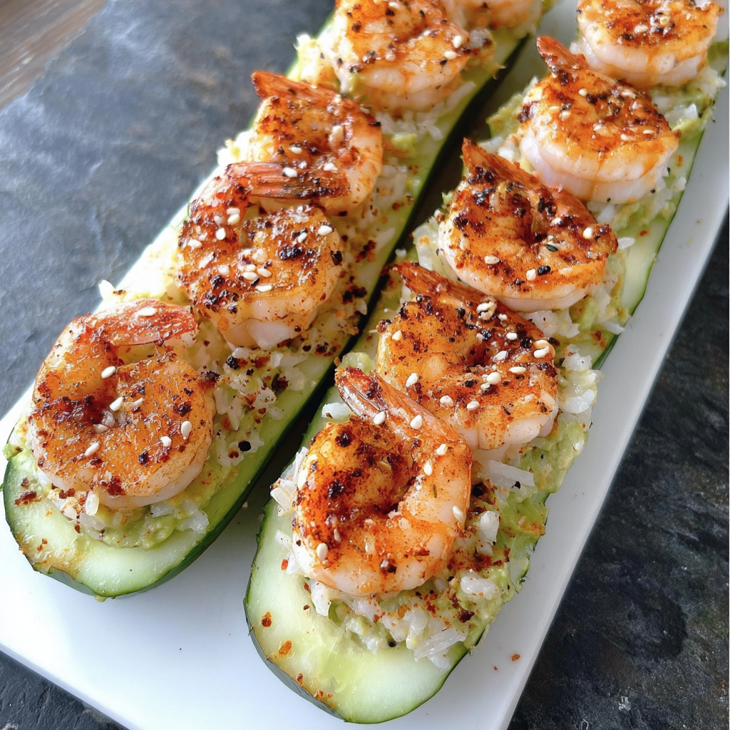 A plate of shrimp and cucumber skewers with a spicy seasoning.
