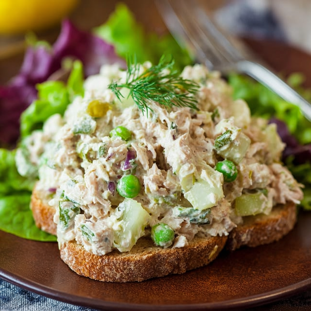 A plate of tuna salad with bread and a fork.