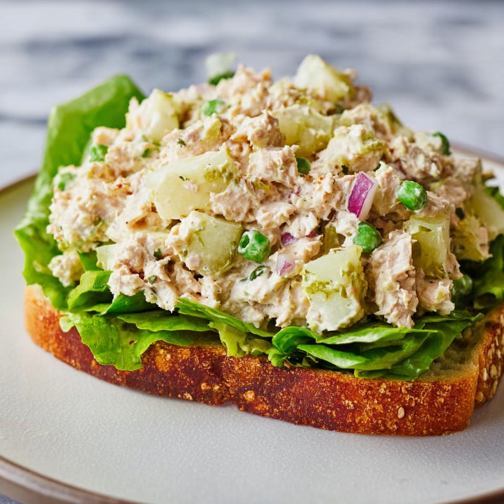 A plate of tuna salad on a toasted bun.