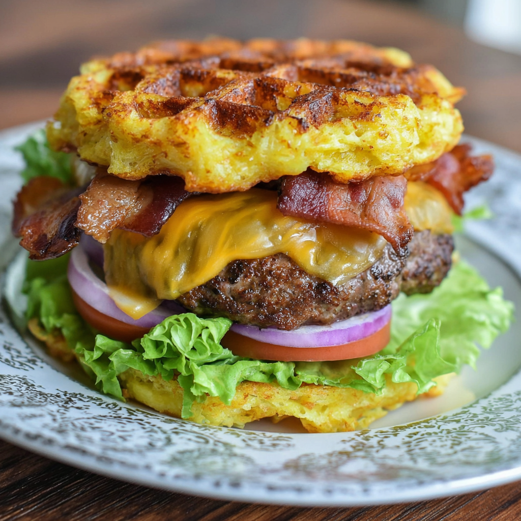 A delicious bacon and cheese burger with a waffle on top.