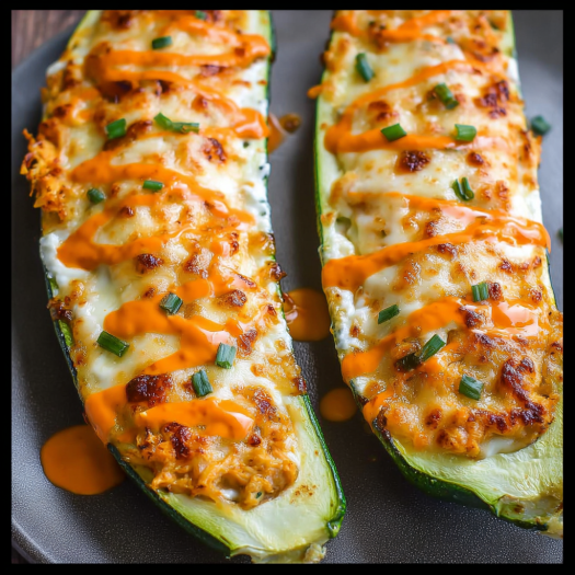 Two zucchini boats with cheese and sauce on a plate.