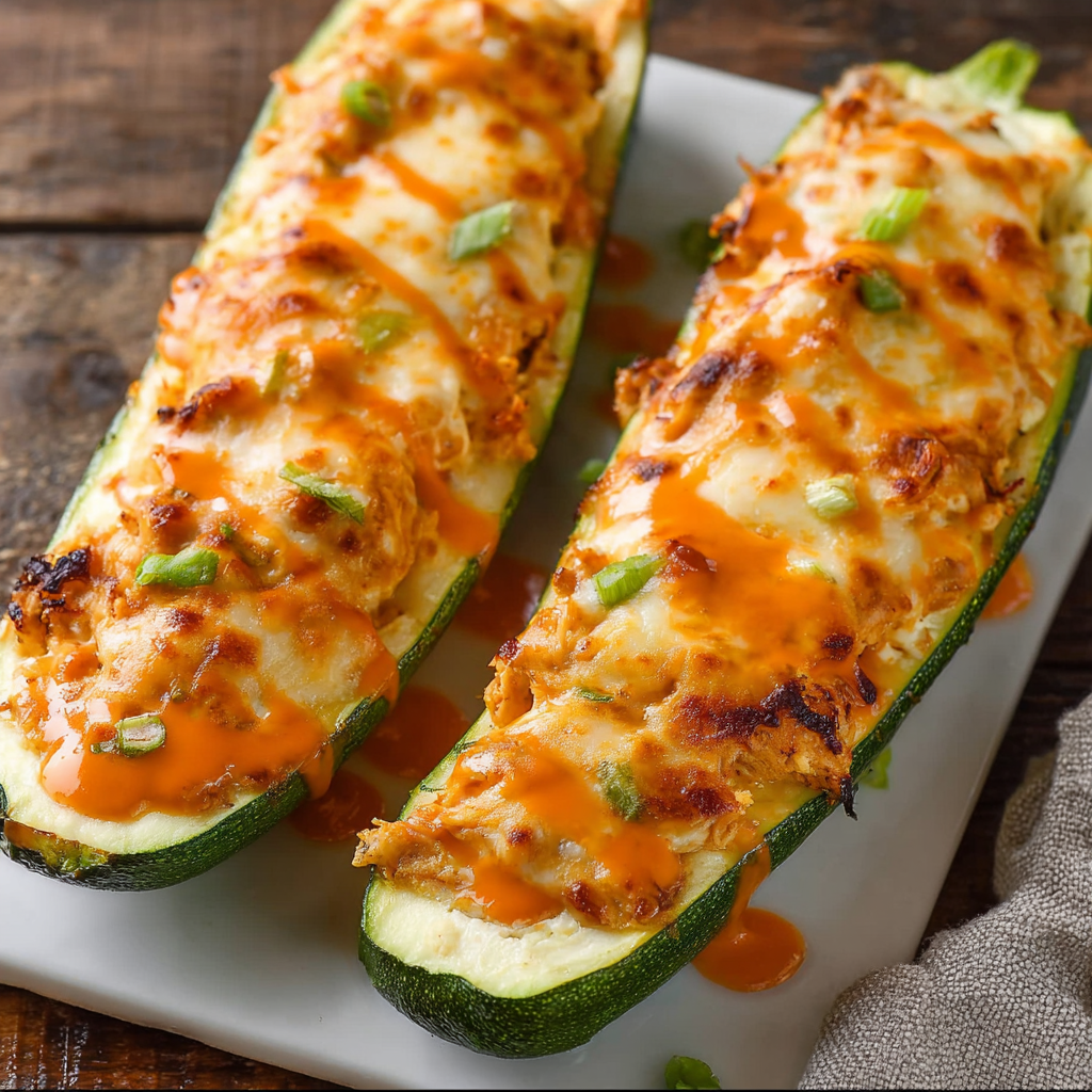 A plate of two zucchini boats with cheese and sauce on top.