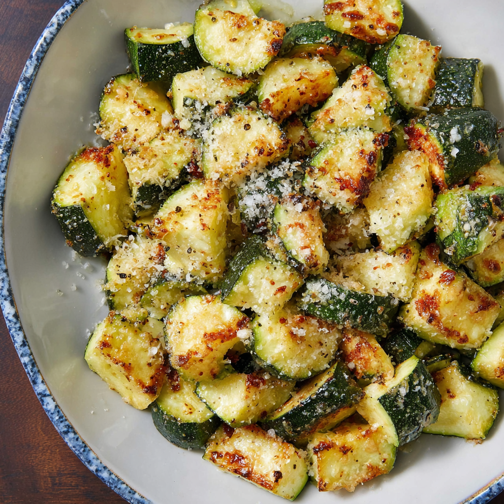 A bowl filled with air fryer zucchini and Parmesan cheese.