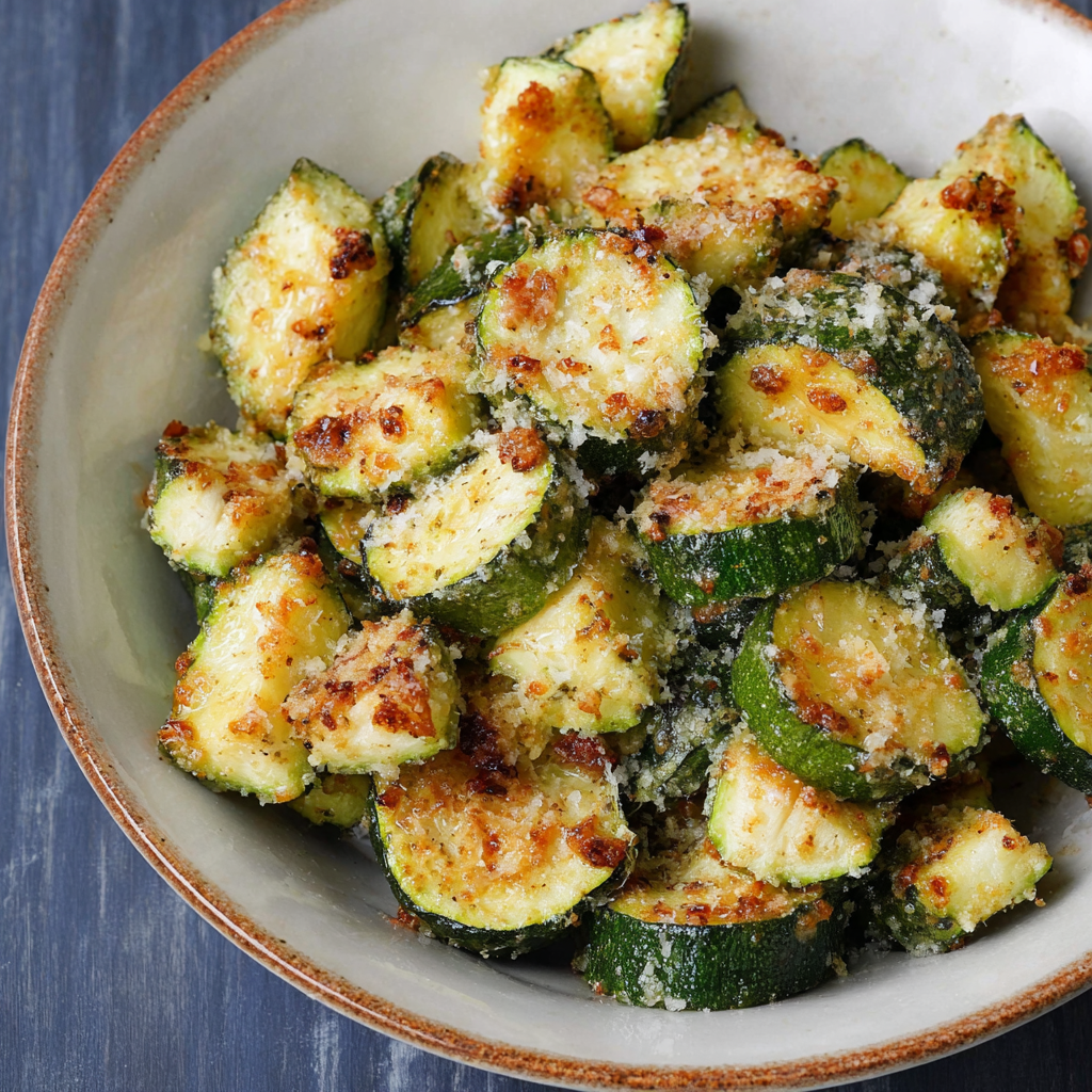 A bowl filled with air fryer zucchini and Parmesan cheese, ready to be enjoyed.