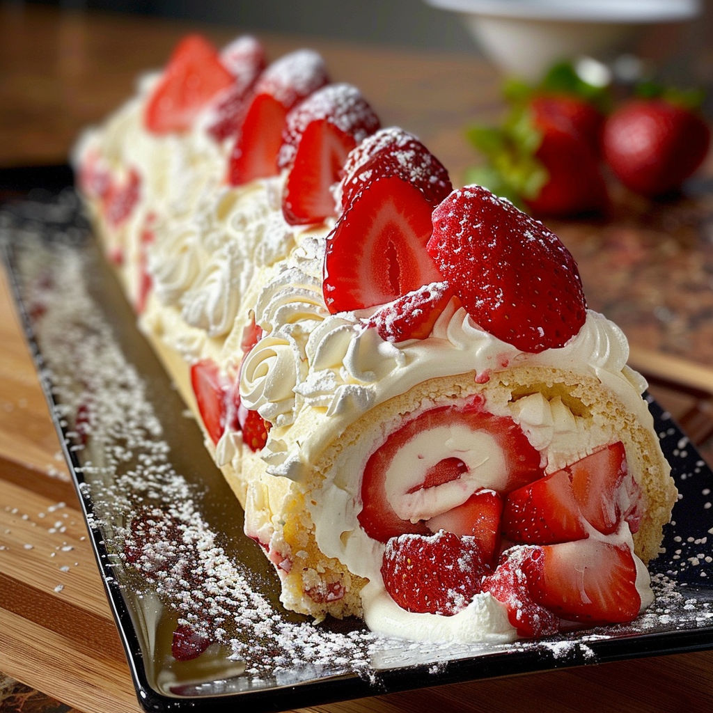 A delicious dessert roll with strawberries and whipped cream on top.