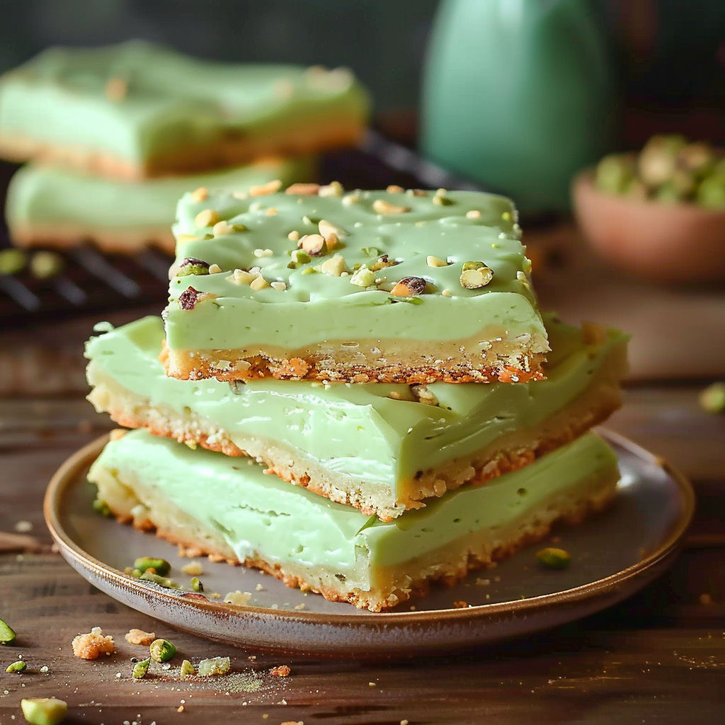 A stack of Pistachio Pudding Sugar Cookie Bars on a plate.