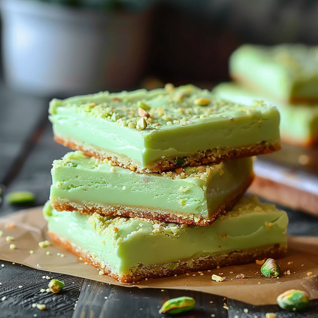 A stack of three green cake bars with almonds on top.