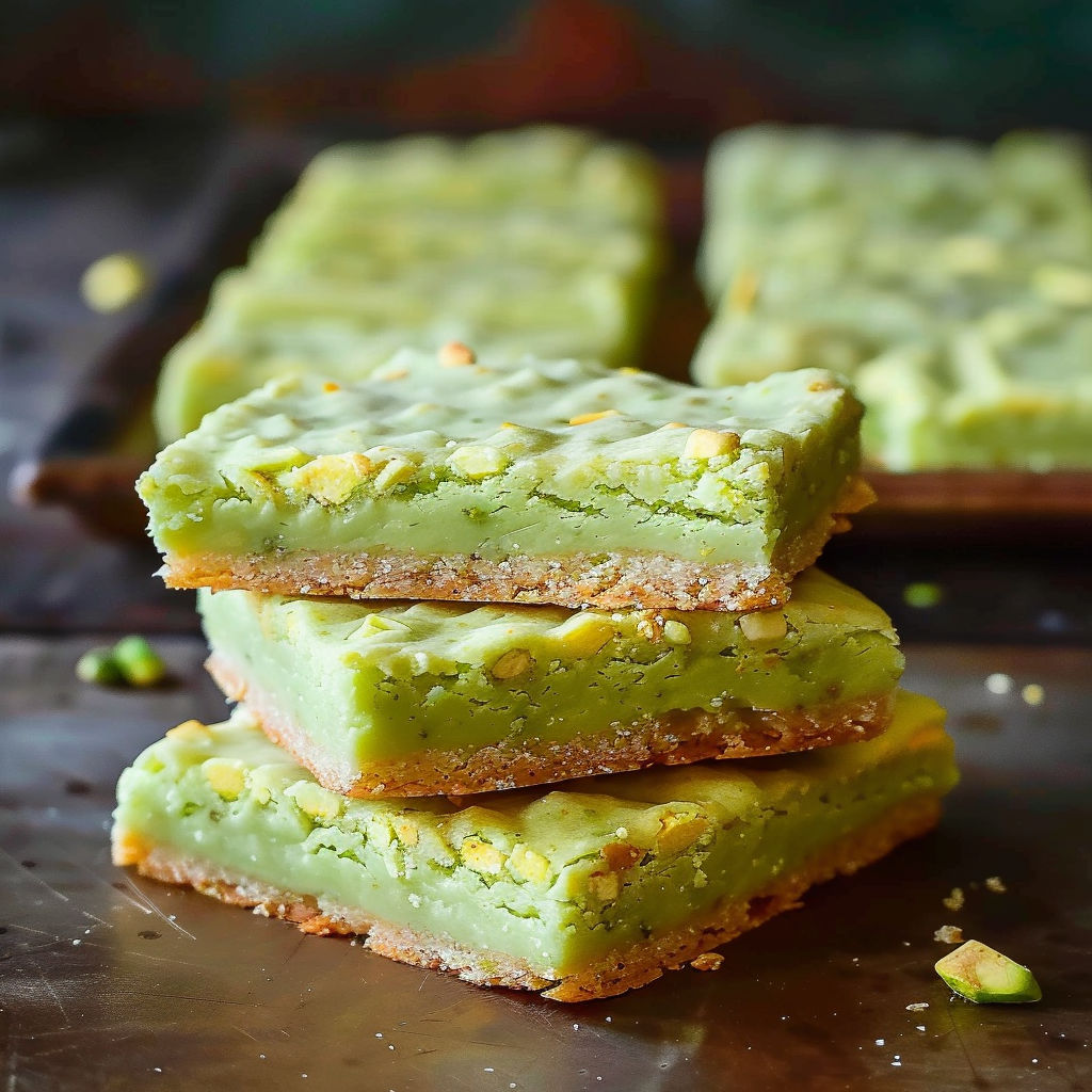A stack of green squares with a crumbly texture, likely a dessert or snack, is displayed on a wooden tray.