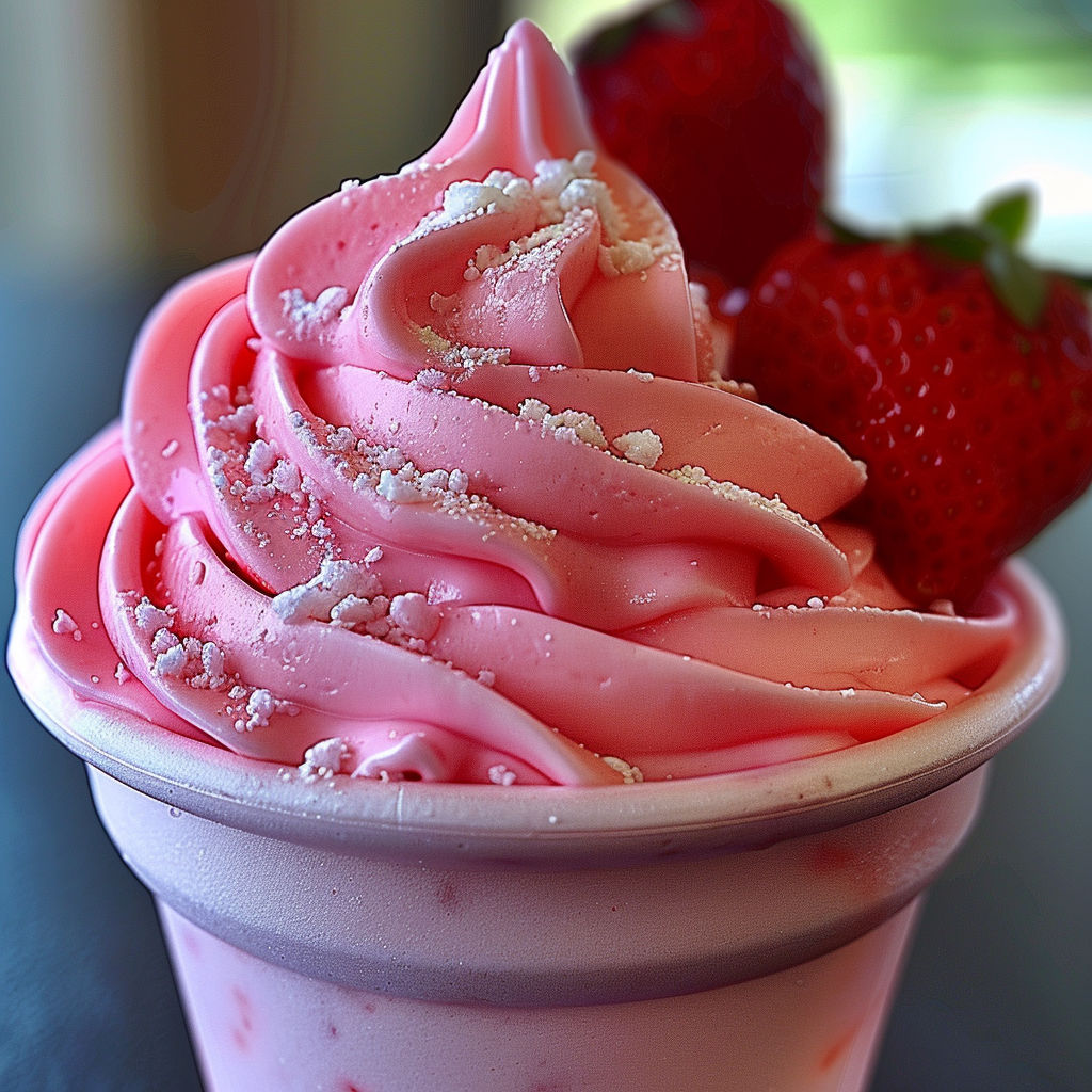 A pink and white frozen dessert with strawberries on top, likely a Strawberry Dole Whip.
