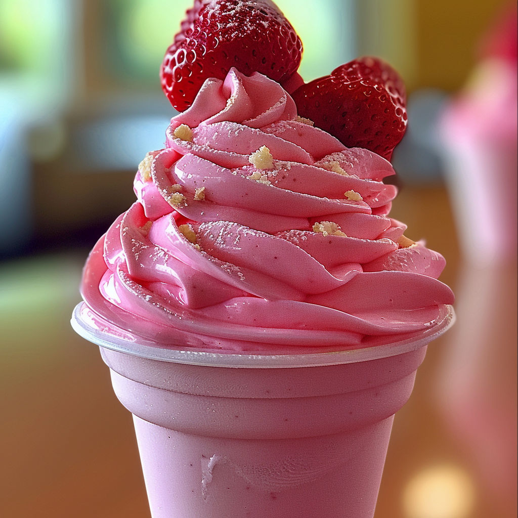 A pink frosted dessert with strawberries on top.