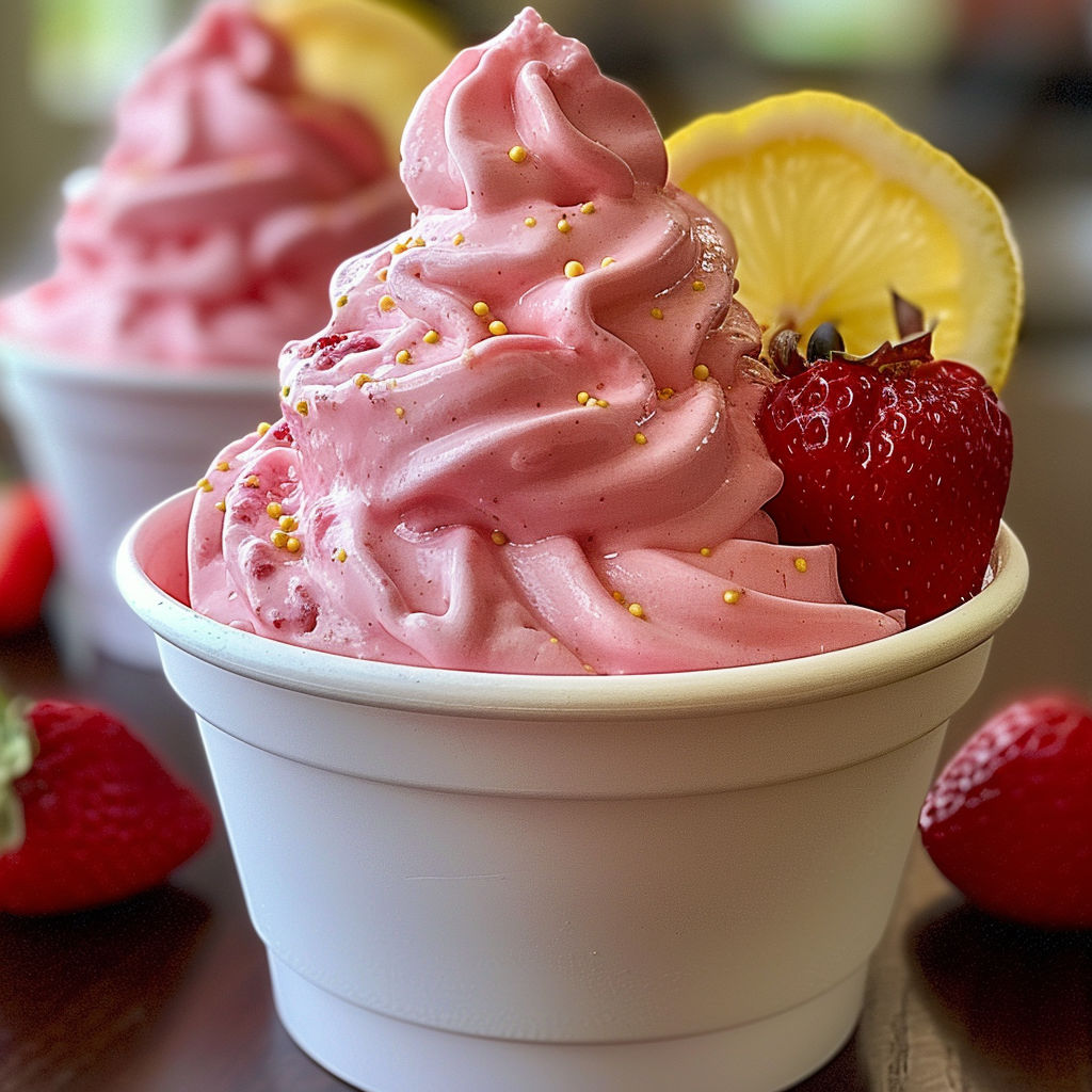 A bowl of pink and white frozen dessert with strawberries on top.