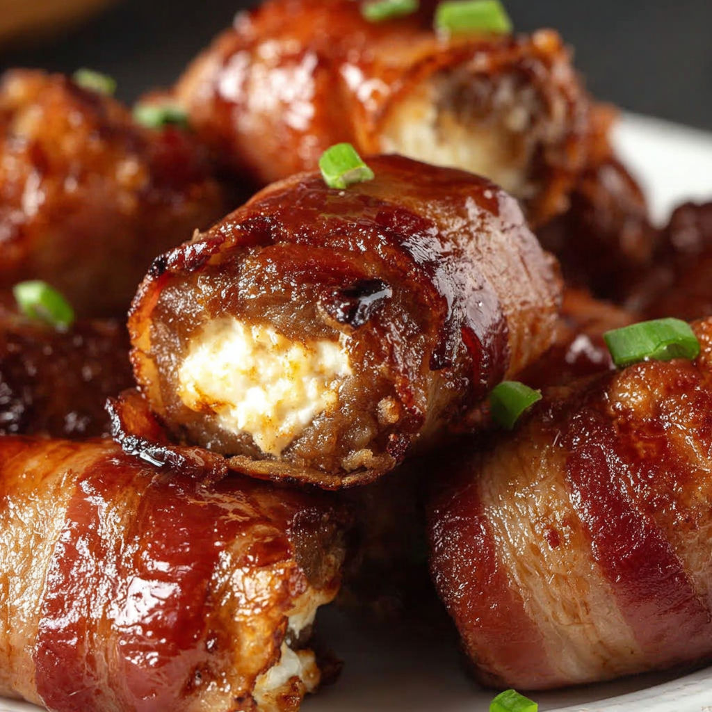 A plate of bacon wrapped meat with cheese and green onions.