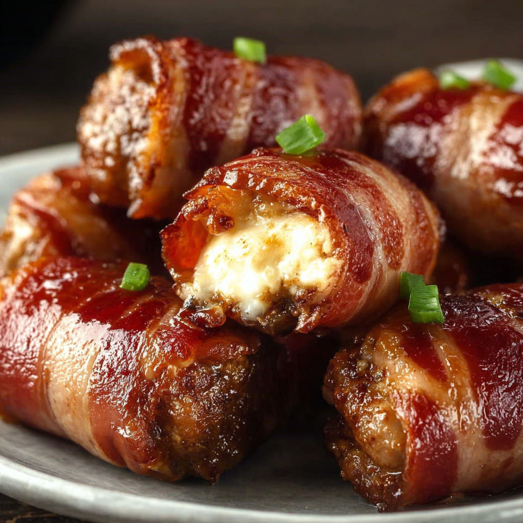 A plate of bacon wrapped appetizers with cheese and green onions.