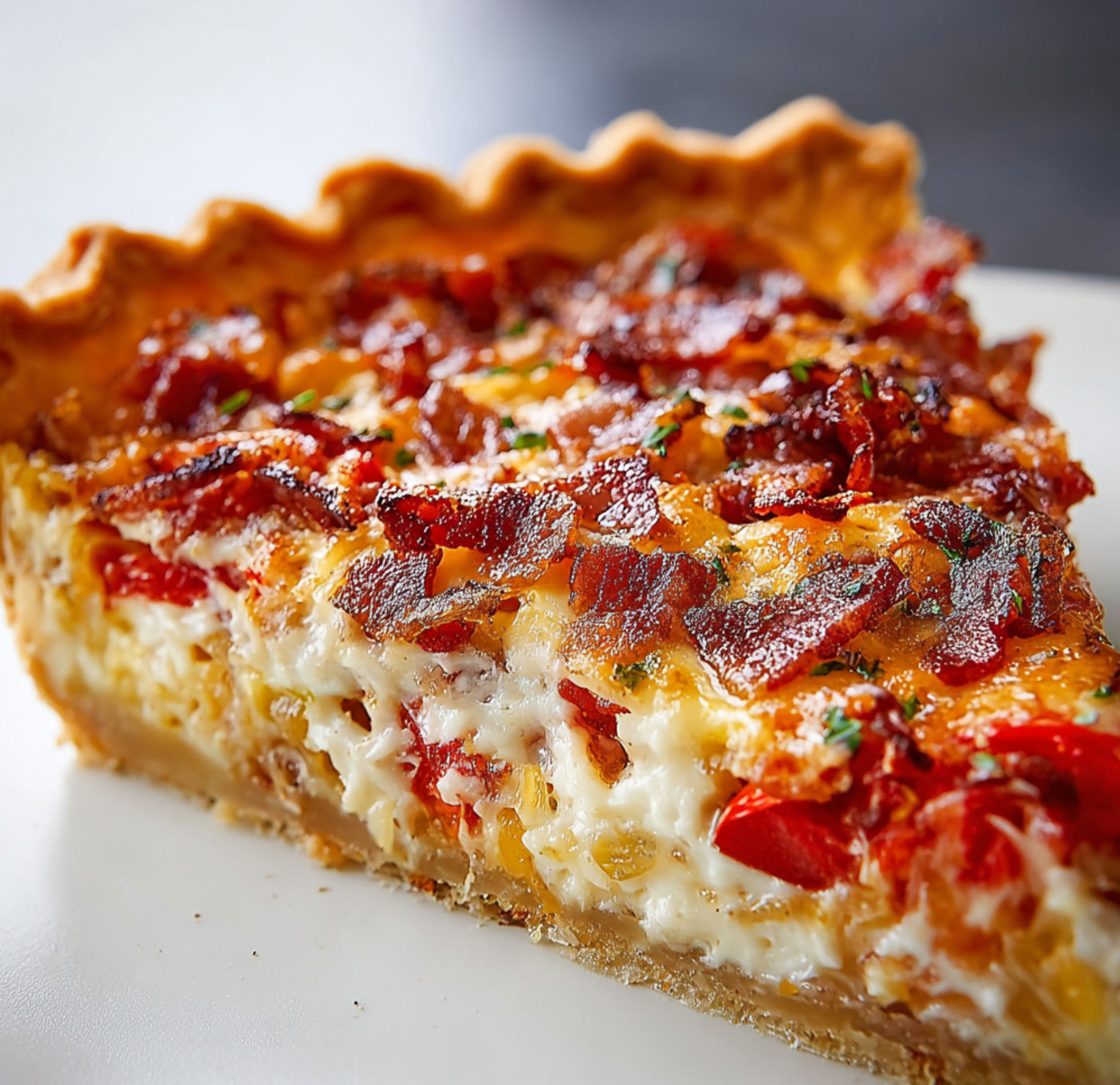A piece of Bacon Onion Tomato Pie sitting on a white plate.