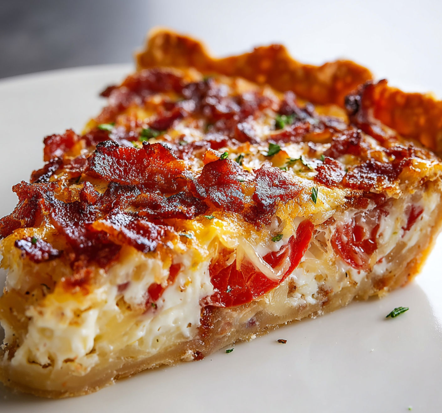 A slice of Bacon Onion Tomato Pie on a plate.