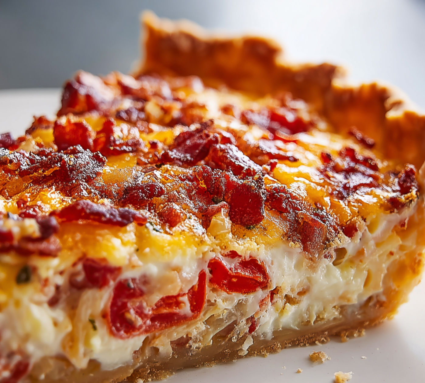 A slice of Bacon Onion Tomato Pie is displayed on a white plate.