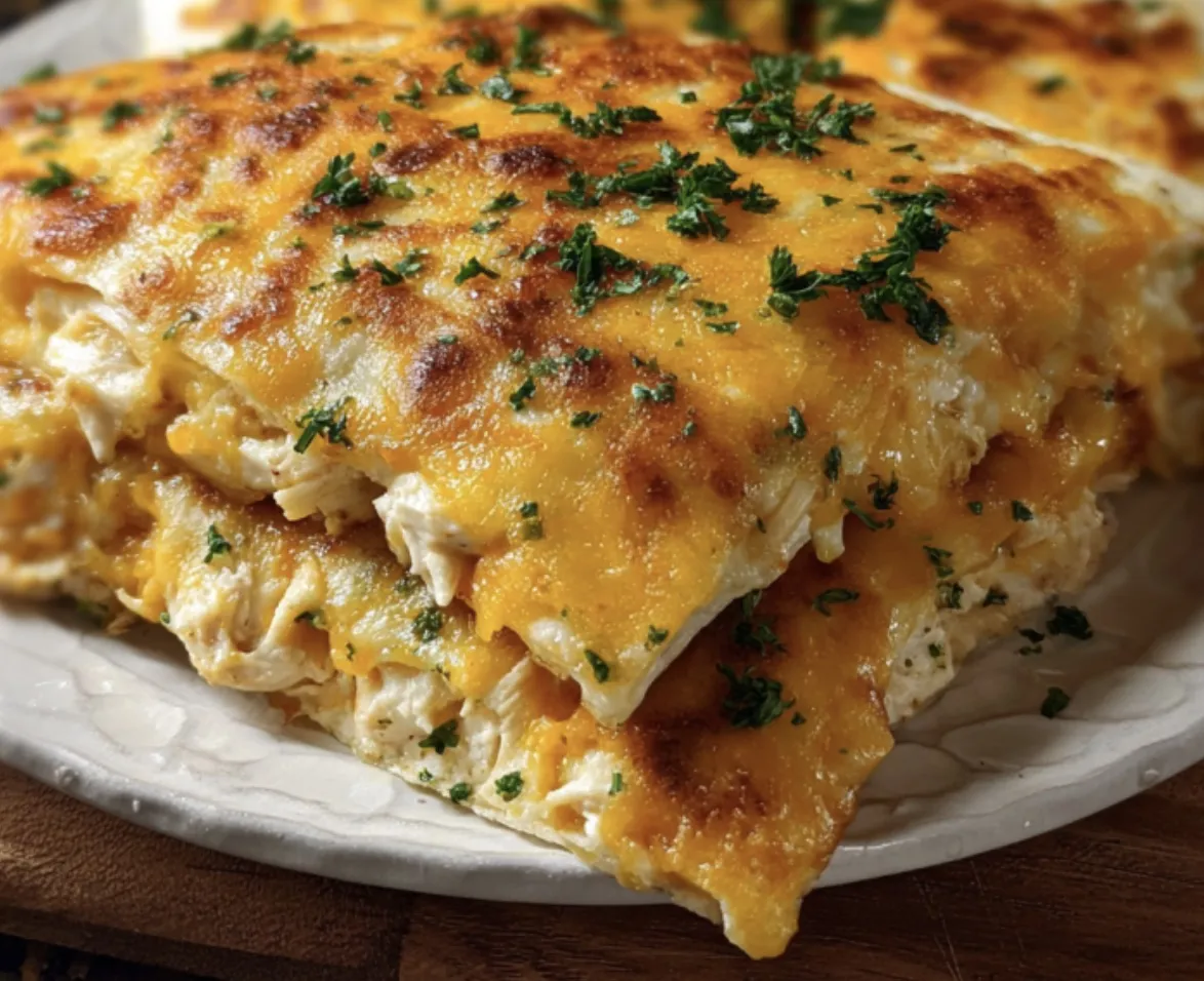 A delicious looking casserole dish with a golden brown crust and a filling of chicken and cheese.