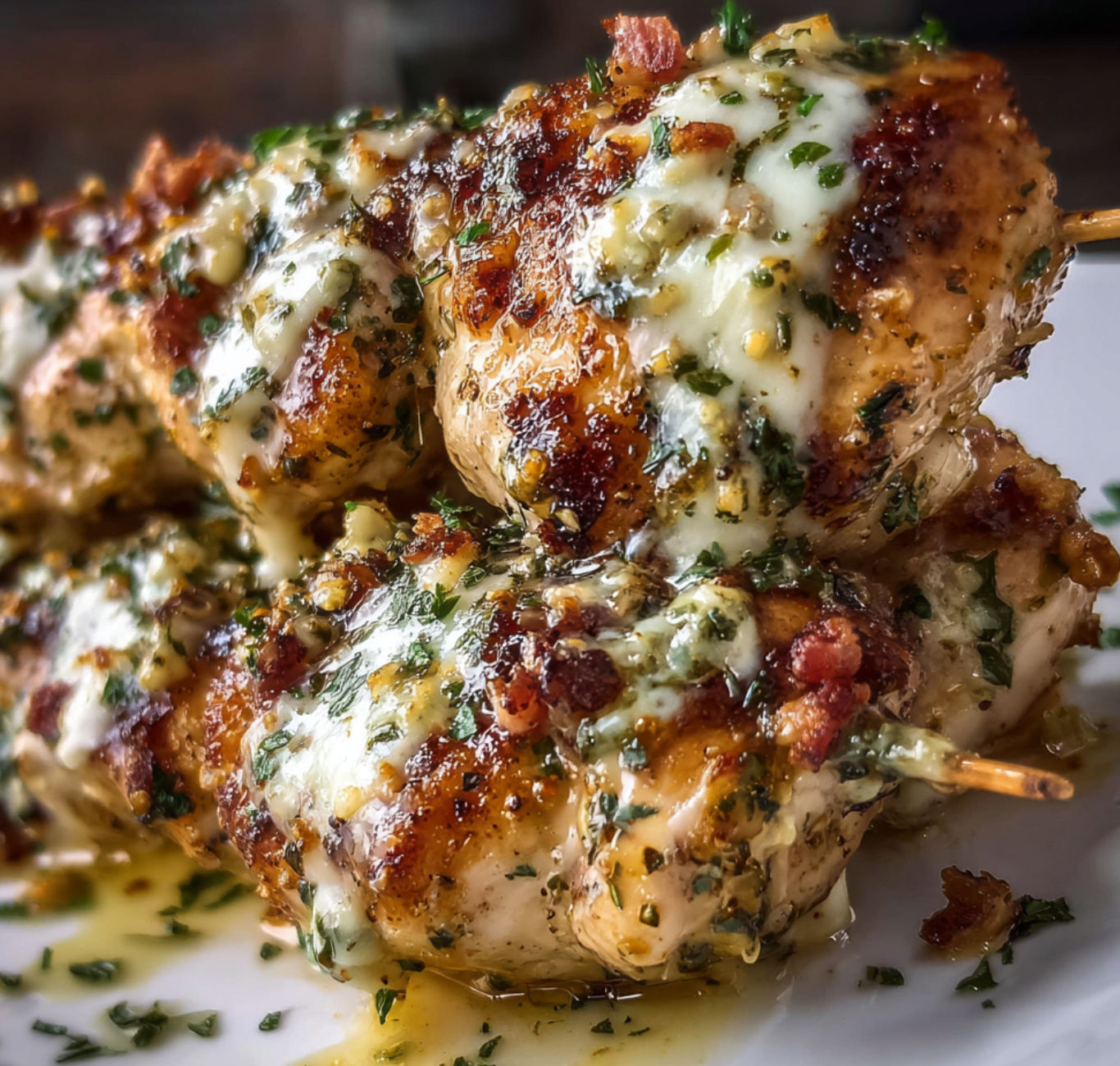 A big serving of chicken and cheese skewers scattered with fresh herbs, ready for baking or grilling.