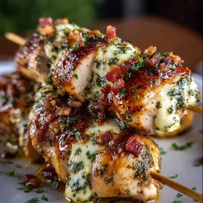 Chicken skewers loaded with melted cheese and bacon, served up with fresh greens.