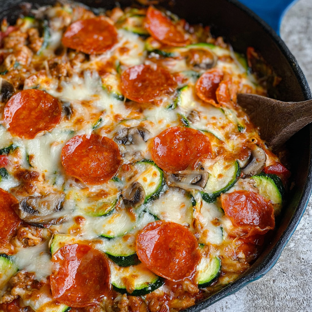 A close up of a delicious Keto Pizza Skillet filled with pepperoni, mushrooms, and zucchini.