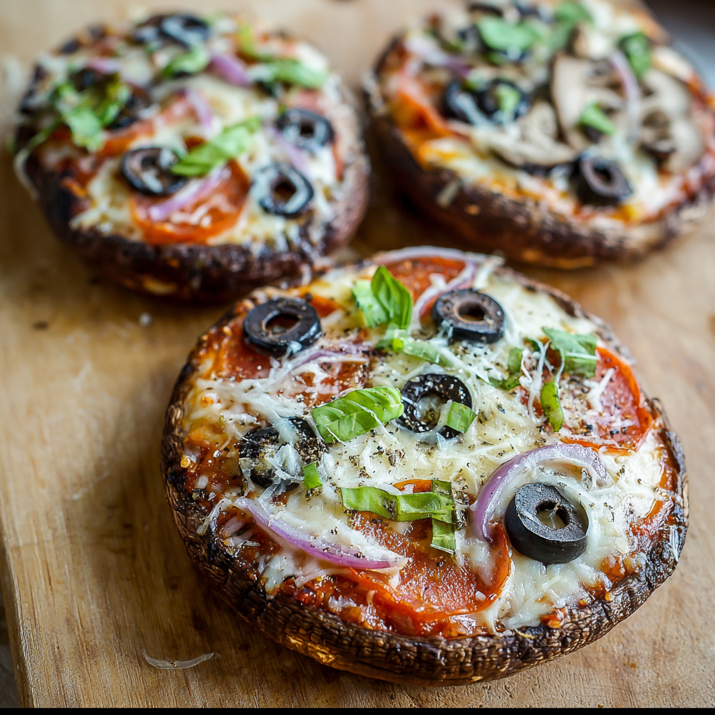 Two Portobello Mushroom Pizzas with cheese and olives on a wooden cutting board.