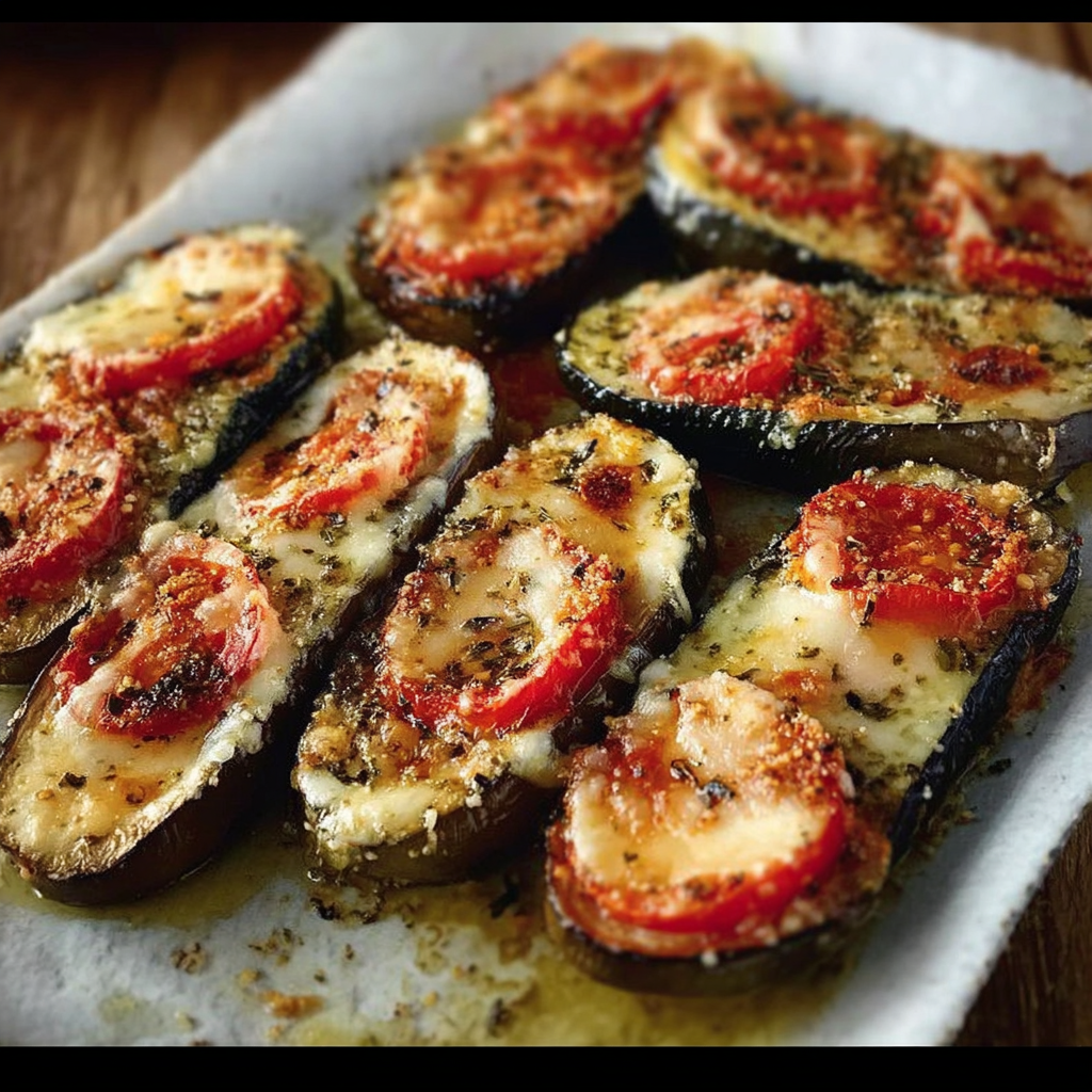 A plate of zucchini with tomatoes and cheese, brushed with oil.