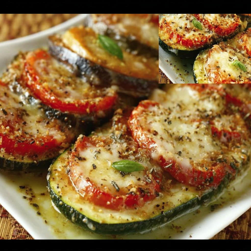 A plate of zucchini with cheese and herbs on top.