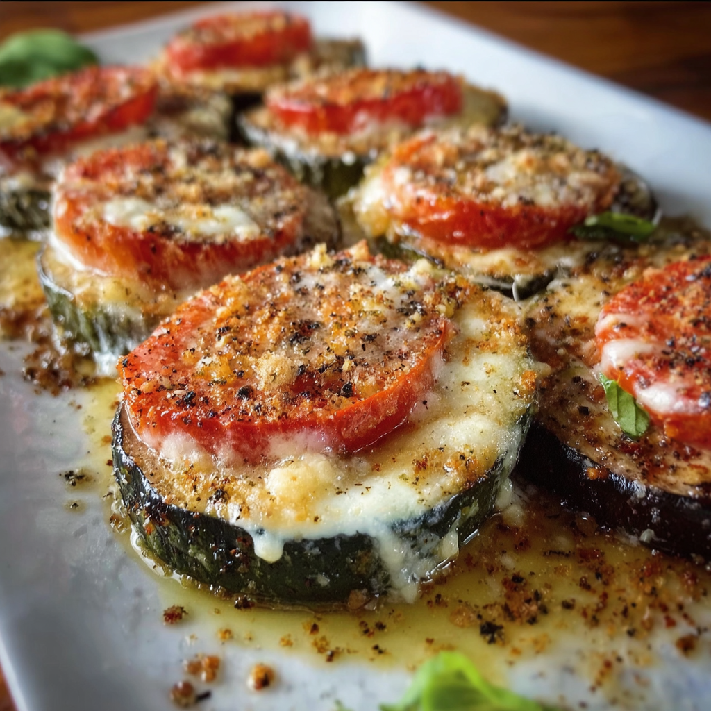 A plate of food with a variety of ingredients, including tomatoes, cheese, and herbs, is presented on a table. The dish appears to be a delicious and healthy meal, possibly a vegetable frittata or a similar recipe.