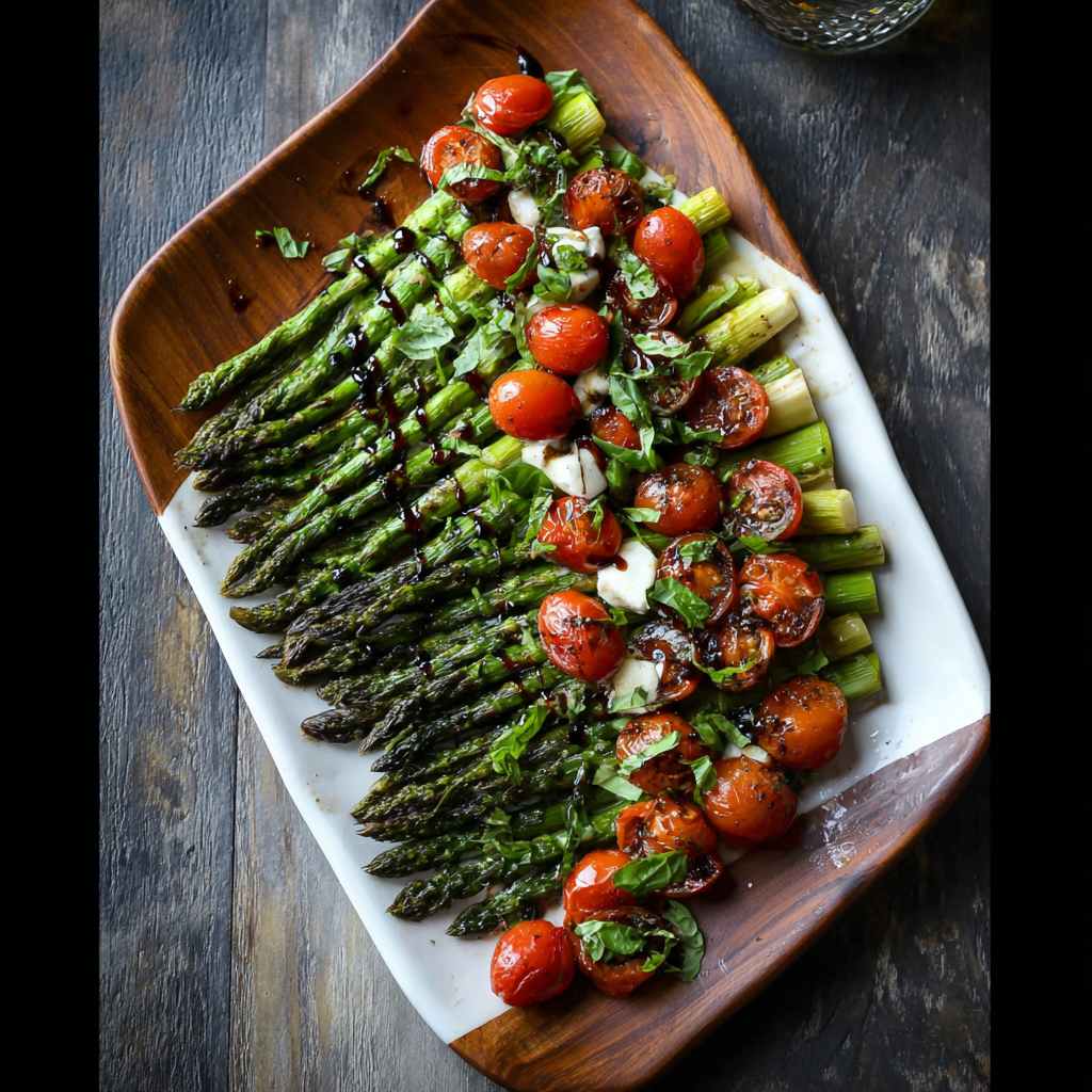 A delicious Caprese Roasted Asparagus dish is displayed on a white plate.