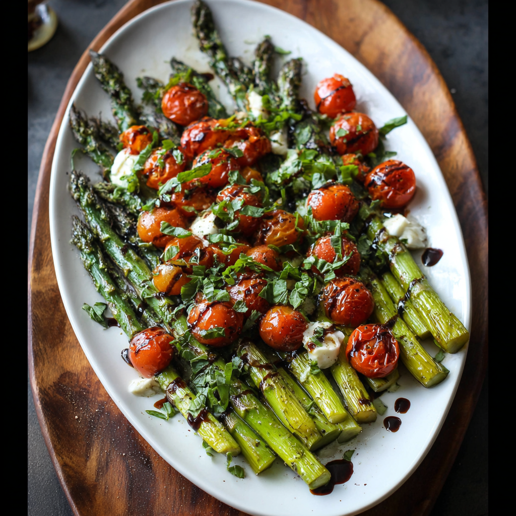 A dish of Caprese Roasted Asparagus with tomatoes and cheese.