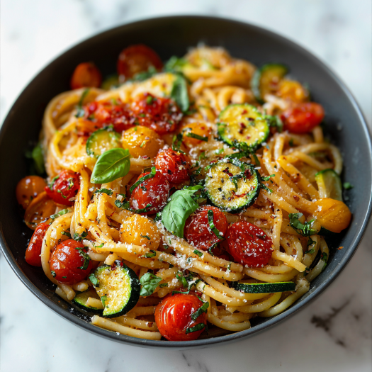 A bowl of pasta with tomatoes, zucchini, and basil.