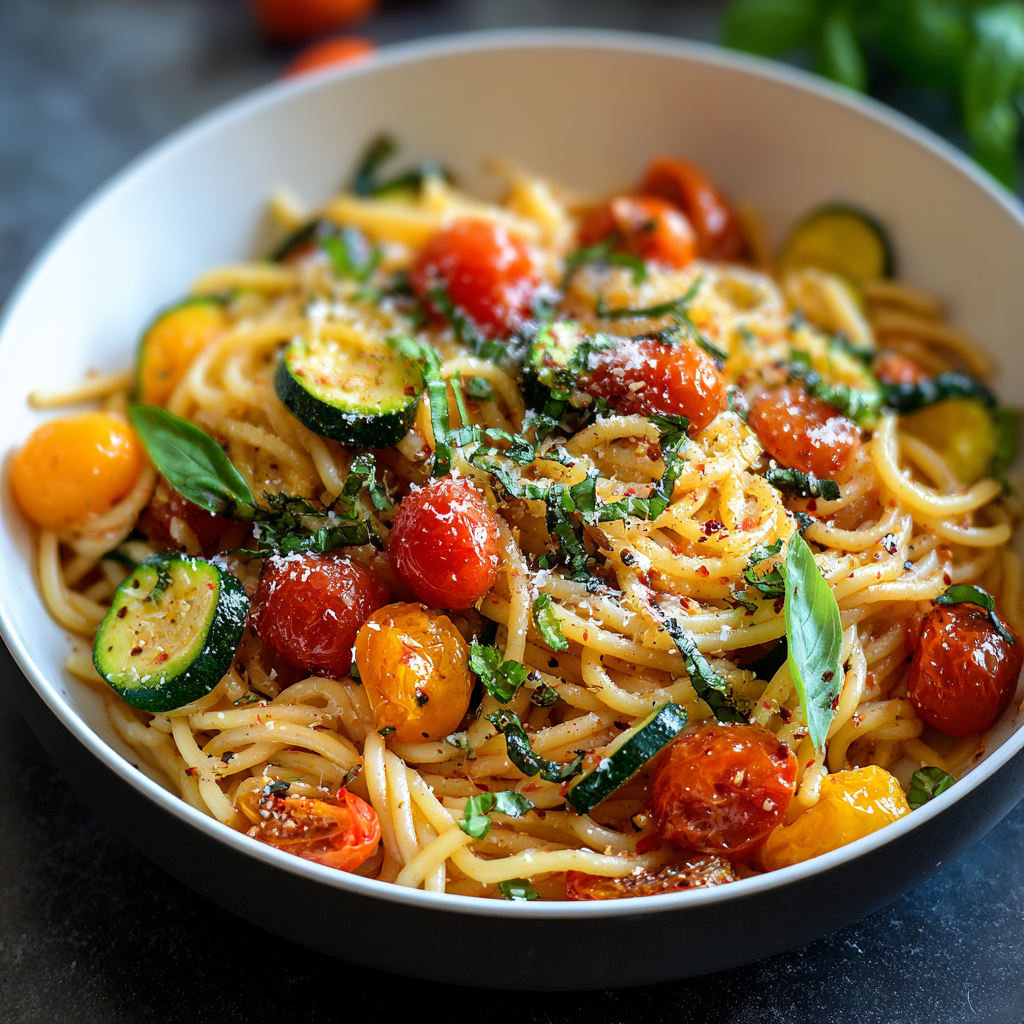 A bowl of pasta with tomatoes, zucchini, and basil.