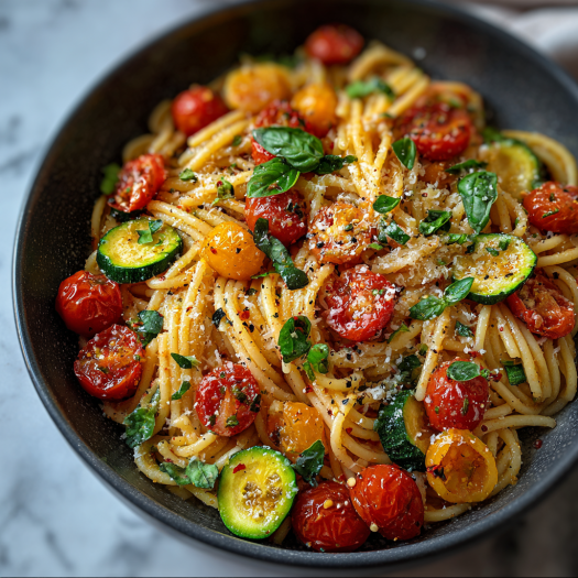 A bowl of pasta with tomatoes, zucchini, and basil.