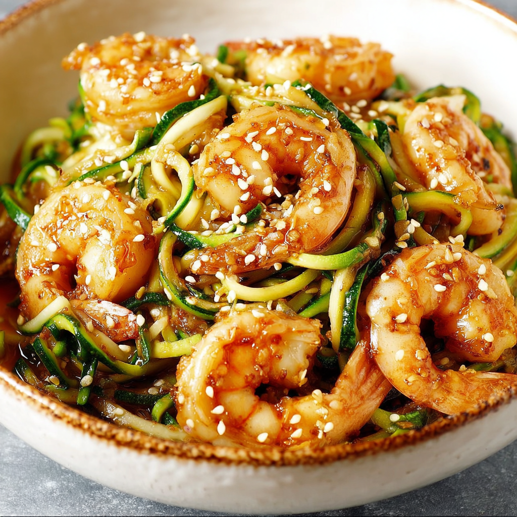 A bowl of stir fry teriyaki shrimp with zucchini noodles.