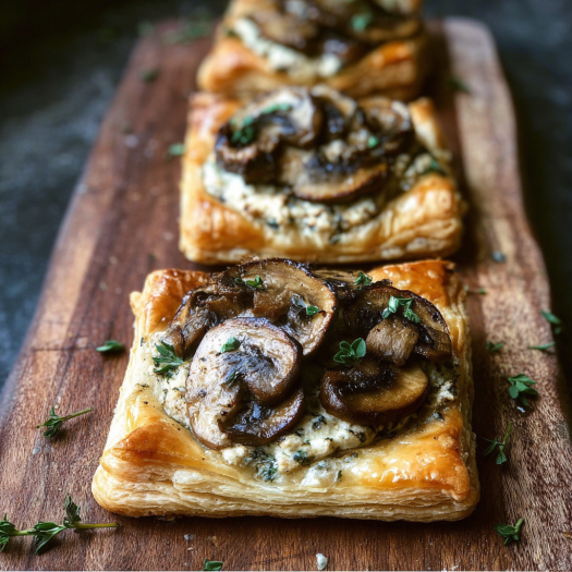 Three delicious mushroom and herb goat cheese tarts on a wooden platter.