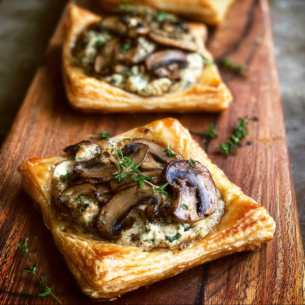 A close up of a mushroom and cheese quiche on a wooden cutting board.