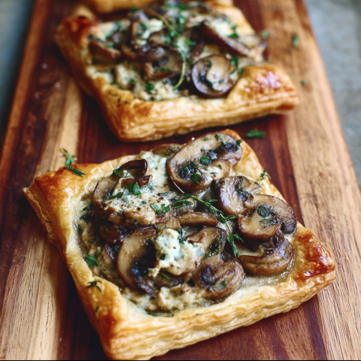 Two mushroom quiches on a wooden cutting board, ready to be served.