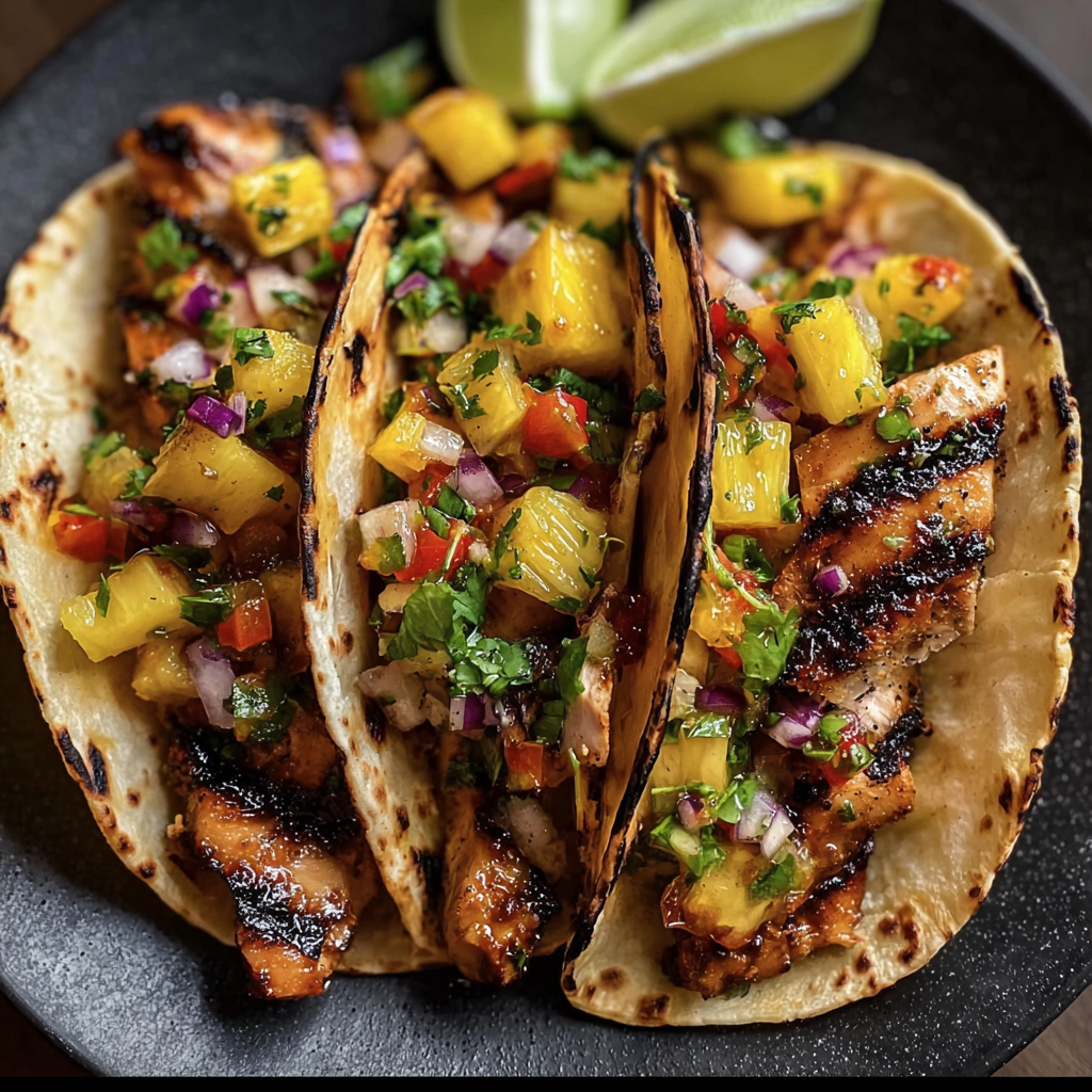 A delicious meal of Teriyaki Chicken Tacos with Grilled Pineapple Pear Salsa.