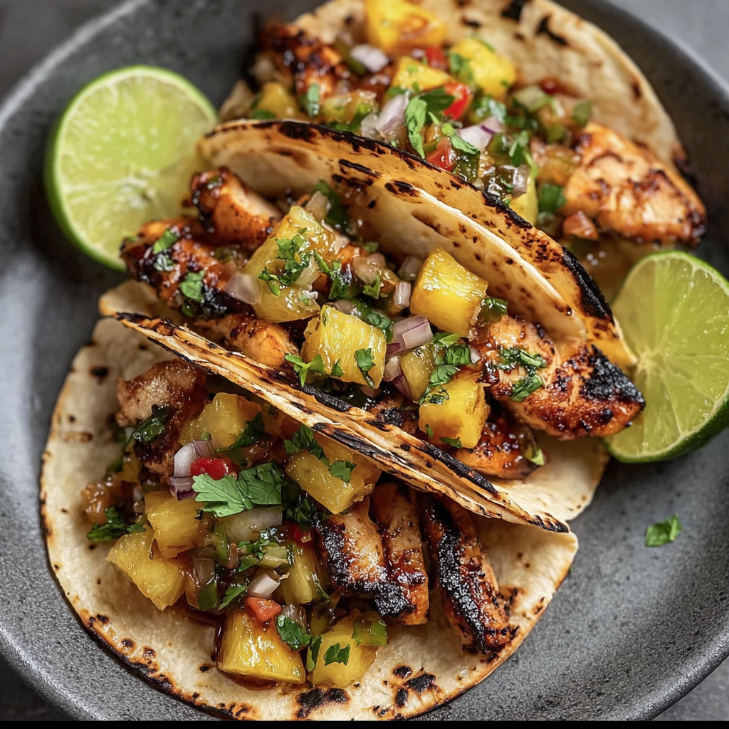 A delicious meal of grilled chicken and pineapple salsa served on a tortilla.