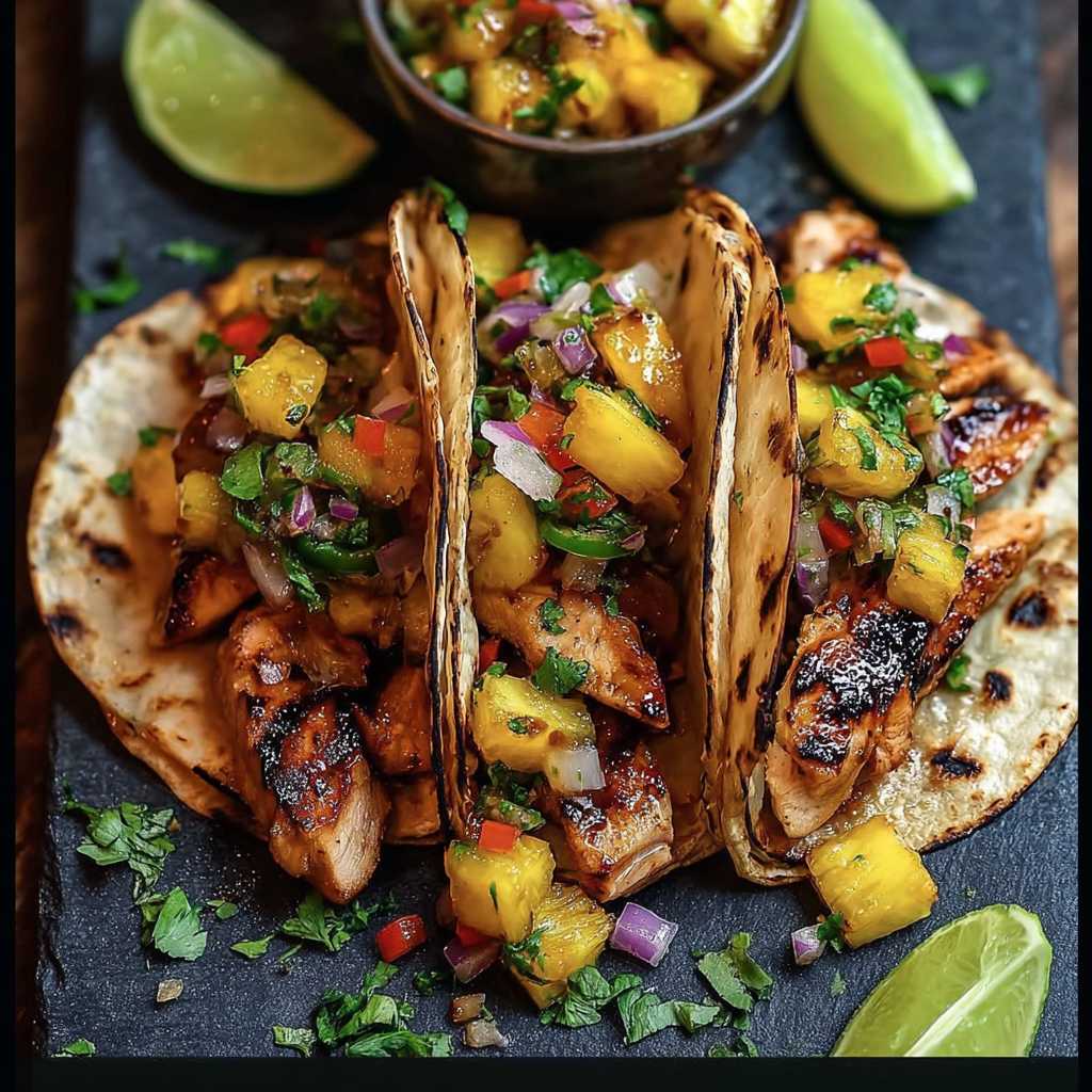 A delicious meal of grilled chicken and pineapple salsa served on a tortilla.